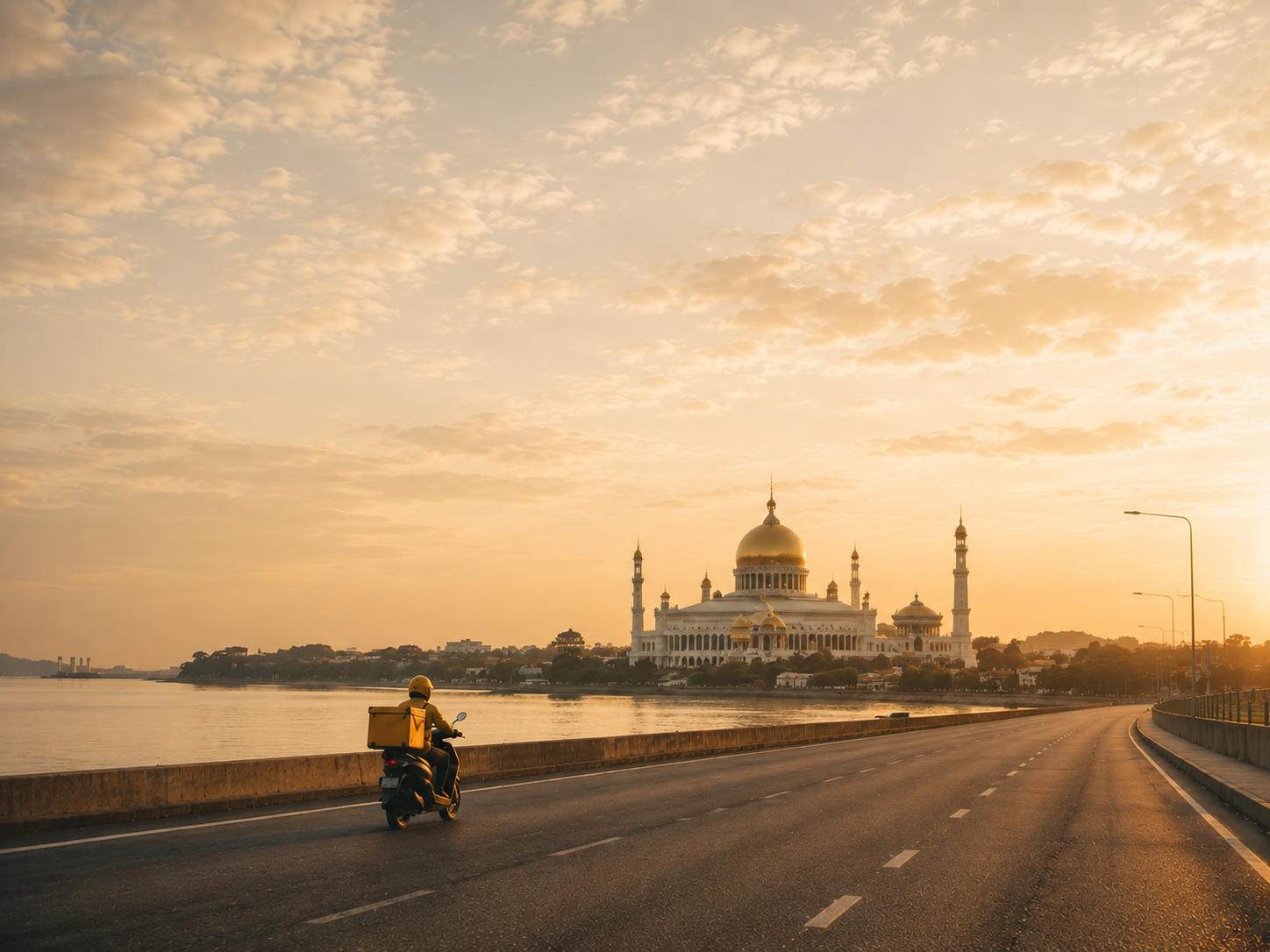 A delivery rider crossing an empty waterfront road at sunrise, the golden dome of a Brunei mosque on the horizon