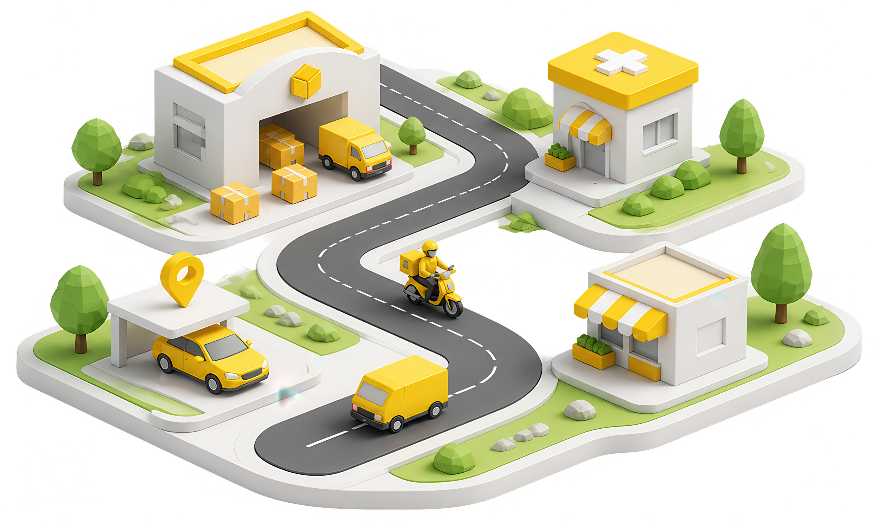 An illustrated Brunei neighbourhood served by Bee: warehouses, shops, riders and vans