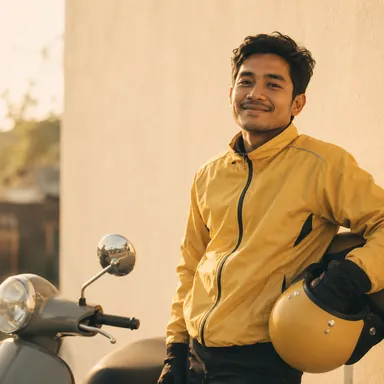 A Bee delivery rider in a yellow jacket smiling beside his scooter, helmet under his arm